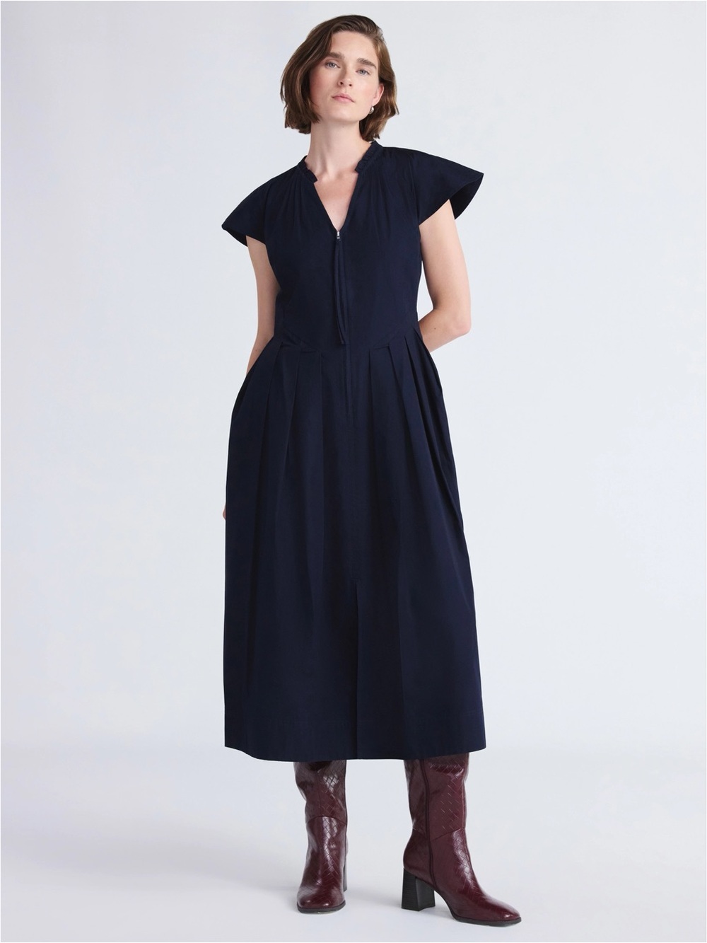 Free Assembly Women’s Maxi Dress Size XL Darkest Blue Zip Front Flutter Sleeves